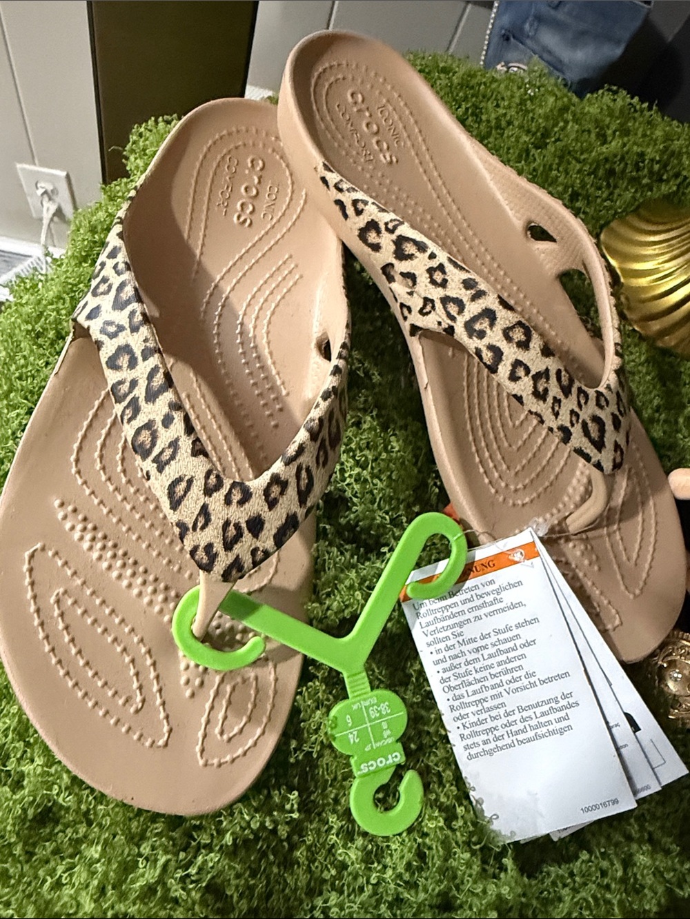 CROCS Leopard-Print Thong Sandals in Tan
